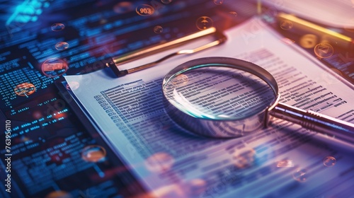A detailed IT Security Risk Assessment concept depicted with a magnifying glass focused on a document within an abstract technological atmosphere, symbolizing scrutiny and protection. photo