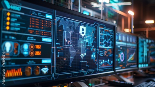 Intrusion Detection Systems (IDS) concept, showcasing abstract data dashboards with graphs, live network traffic analysis, and security alerts on multiple computer screens.