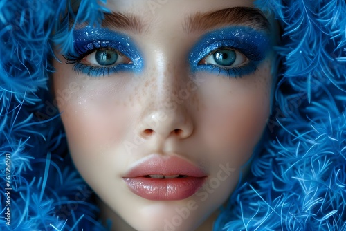 Professional Photo with Blue Makeup: Woman in Blue Tones with Copy Space. Concept Blue Makeup, Professional Photo, Woman Portrait, Copy Space, Blue Tones