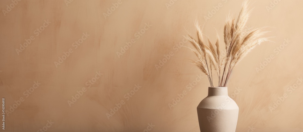 There is a vase with some dried grass in it on a table