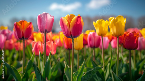 Colorful tulip field under blue sky