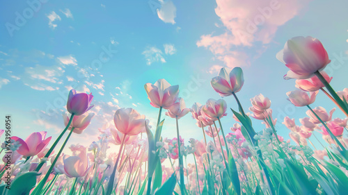 Field of pink tulips under blue sky #763956954