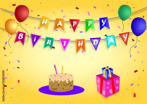 Happy birthday banner. Birthday Party Invitation with flags, confetti, cakes, gifts and balloons on white background.