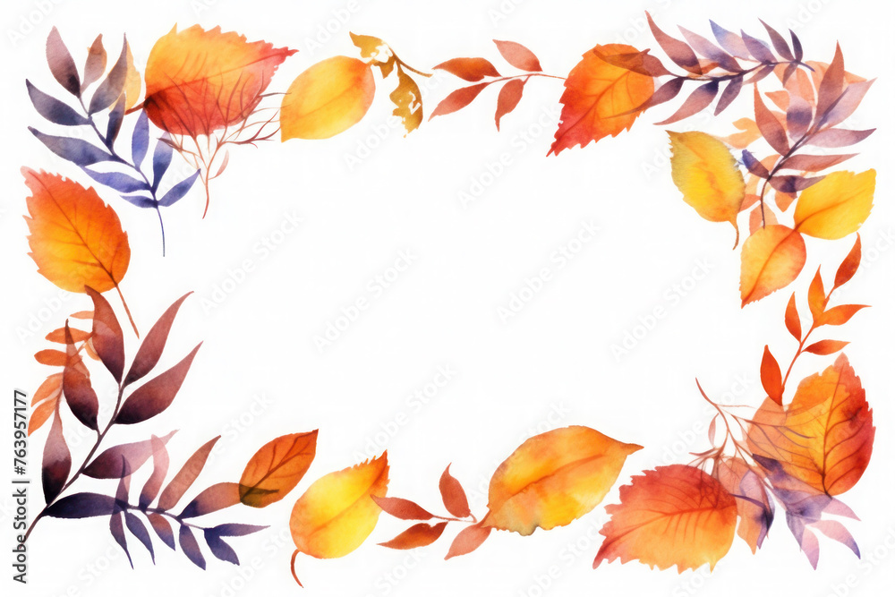 delicate frame with orange, gold autumn leaves on a white background. wedding or birthday invitation card