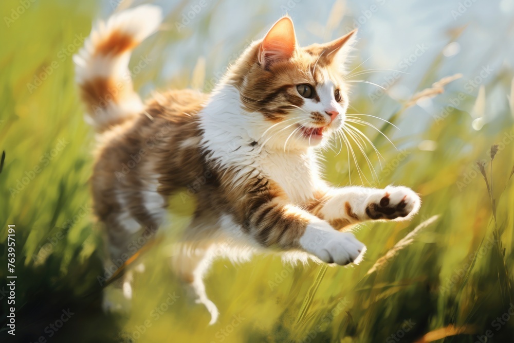 Obraz premium red cat playing around and running through backyard. kitten jumping in the grass. pet on a walk