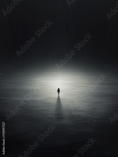 grey empty space. a small figure of a man in the distance. loneliness, depression and mental health. to be alone, solo.