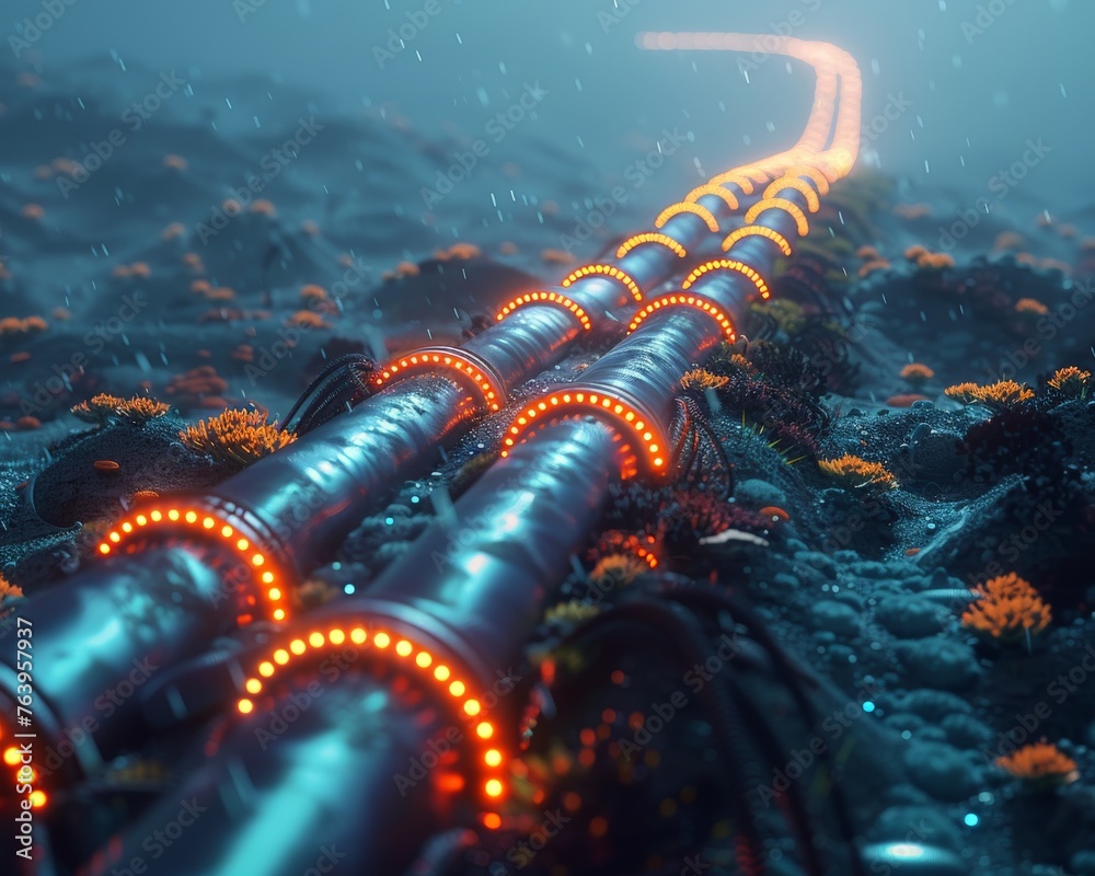 Underwater, a bustling thoroughfare of data takes shape, where cables stretch across the ocean floor, pulsing with the heartbeat of digital communication. - obrazy, fototapety, plakaty 