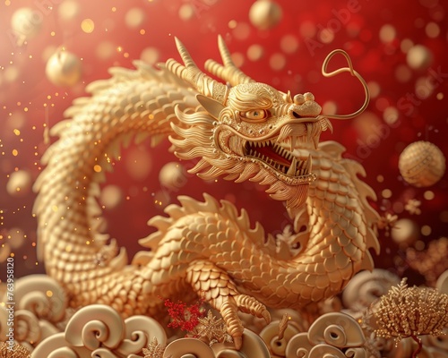 Background for Lunar New Year with a beautifully crafted dragon gold yuan bao accents central text space and a vintage aesthetic