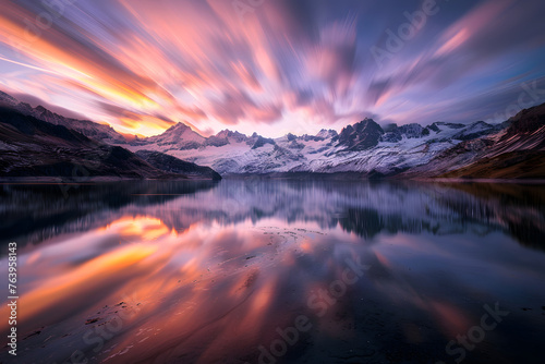 Magisches Alpengl  hen  Langzeitbelichtung eines Sonnenuntergangs bzw. Sonnenaufgangs in den Alpen   Bergen