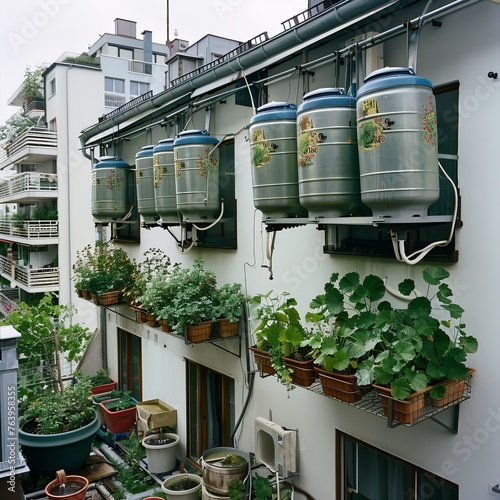 Multiple green water tanks are lined up on a balcony, surrounded by potted plants, reflecting an urban eco-friendly lifestyle