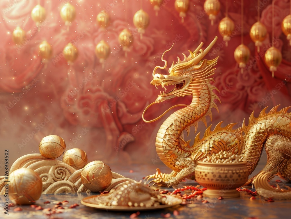 Fototapeta premium A vintage Lunar New Year scene features a majestic dragon coiled around a gleaming gold yuan bao.