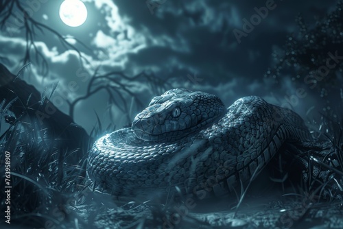 Moonlit night reveals a silvery snake ready to strike its scales reflecting light with ominous beauty amidst watchful animal spirits