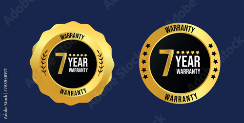 7 year warranty. Seven years warranty card with two different labels, stamps, icons design. 7 years warranty labels, stamp designs in golden and black colour. Quality assurance with warranty card