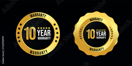 10 year warranty. Two different labels of Ten years, warranty card with , stamps, icons design. 10 years warranty labels, stamp designs in golden and black colour. Quality assurance with warranty card