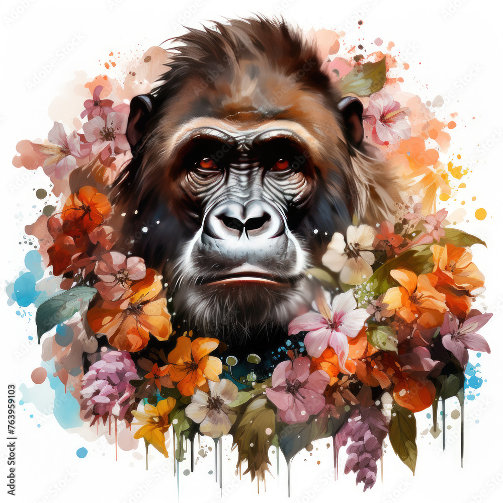 Obraz premium watercolor Gorilla Flowers clipart, Generative Ai
