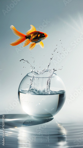 Goldfish jumps out of round aquarium  white background with sun rays. Getting out of the comfort zone. Generative AI