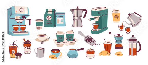 Coffee accessories set, coffee machine, coffee cup, cezve, kettle, teapot, paper cups. Flat vector illustration in minimalistic style on white background
