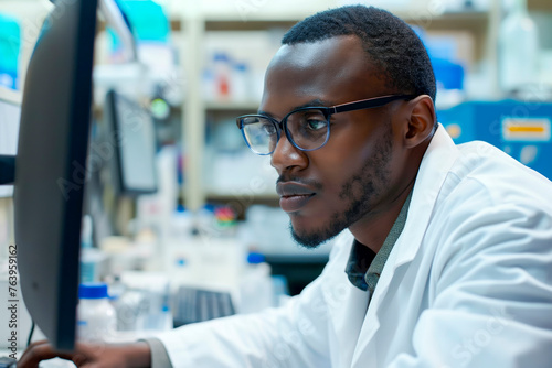 African American pharmaceutical male scientist using computer while working on new research in laboratory.