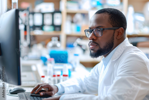 African American pharmaceutical male scientist using computer while working on new research in laboratory. © MVProductions