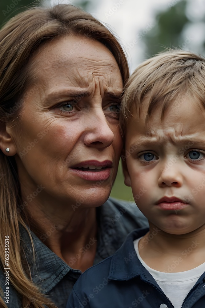 Cooperate head shot of a mother and a child crying Cooperate head shot of a mother and a child crying