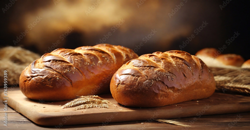 there is bread on the table top view, fresh, golden brown bread, loaf, buns, delicious appetizing bread, super quality advertising photo,1