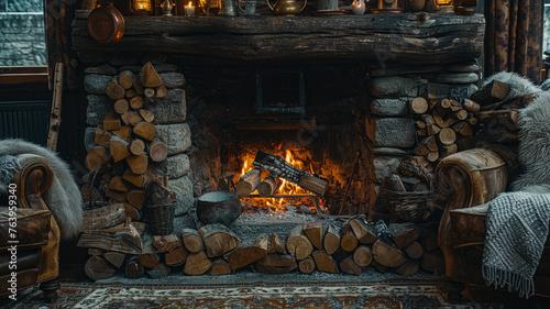 A cozy fireplace in a cabin interior