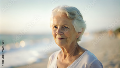 Mujer mayor paseando por la playa en verano. Persona anciana dando un paseo al sol. Chica tomando el sol. Concepto vida sana y vacaciones en el mar.