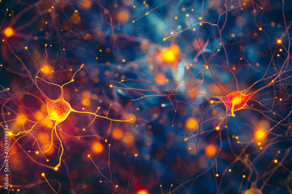Background from nerve cells or neural networks with cell activity between each other. Neurology and the nervous system concept and showcase - obrazy, fototapety, plakaty 