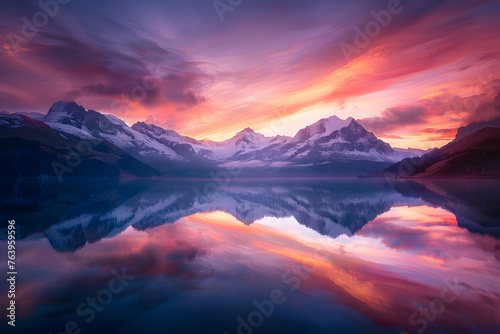 Magisches Alpenglühen: Langzeitbelichtung eines Sonnenuntergangs bzw. Sonnenaufgangs in den Alpen / Bergen photo