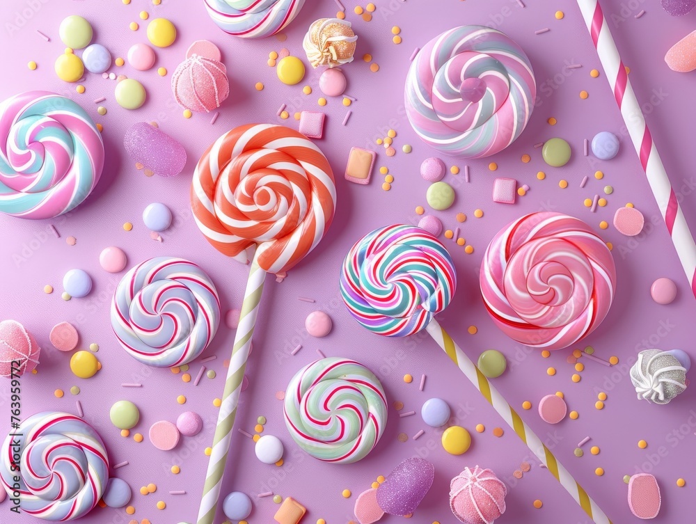 A top-down view of vibrant candies and lollipops arranged on a pastel purple surface, with room for greetings at the top. A top-down view of vibrant candies and lollipops arranged on a pastel purple surface, with room for greetings at the top.