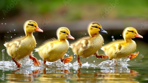 Enchanting ducklings happily waddling by a shimmering and captivating pond shore