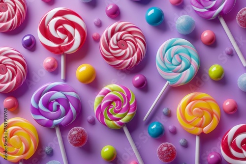 Colorful lollipops and candies scattered playfully across a pastel purple background, leaving ample space for greetings at the top.