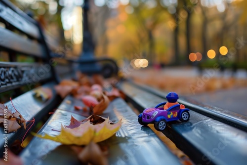 toy left behind on a park bench with fall leaves around © Alfazet Chronicles