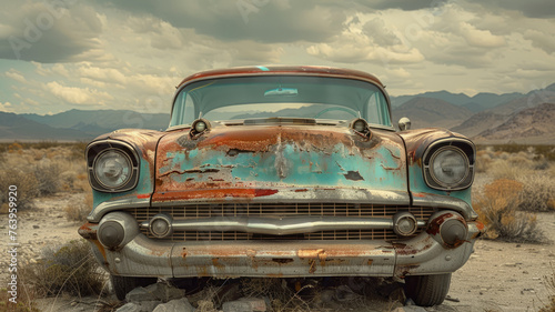 An old rusty car in the desert