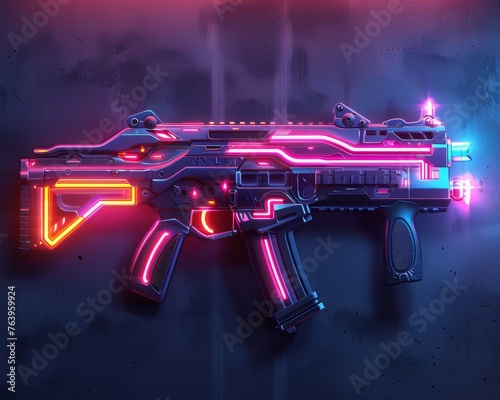 a vibrant neon weapon design for gaming, presenting a Cyberpunk automatic rifle characterized