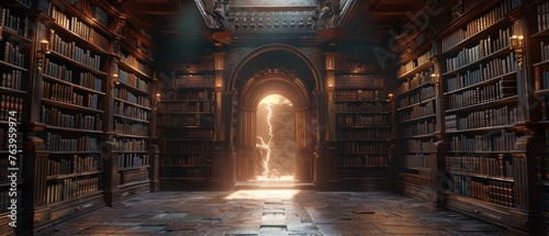 Dimensional Rifts opening in an ancient library between stacks of books a gateway to unknown worlds