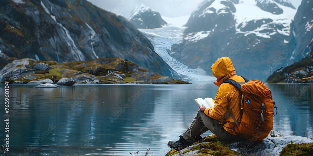 Solitary Traveler Enjoys Peaceful Moment Reading by Serene Mountain Lake Reflecting Scenic Landscape