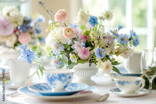 Beautiful table setting with crockery and flowers for a party, wedding reception or other festive event