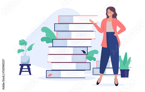 Woman with books - Female person standing in front of stack of books talking about literature and reading. Education and learning concept in flat design vector illustration with white background