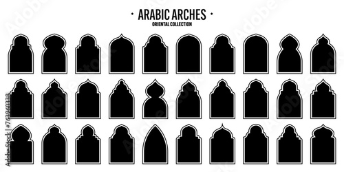 Islamic frames, oriental style objects. Arabic shapes, windows and arches. Traditional ornamental banner, frame. Muslim holidays, Ramadan Kareem. Modern eastern architecture. Vector illustration © 32 pixels