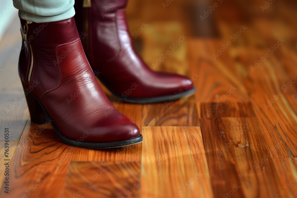 closeup of burgundy leather boots on a woman, with polished wood floor beneath closeup of burgundy leather boots on a woman, with polished wood floor beneath