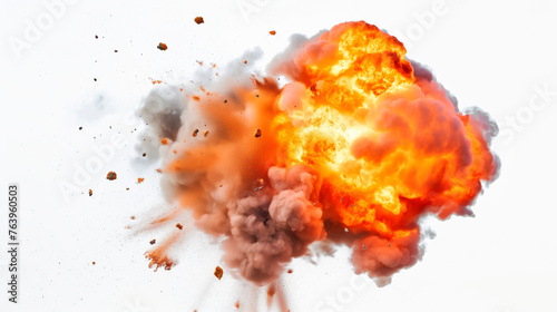 Bomb explosion with fire flames and smoke, isolated on white background