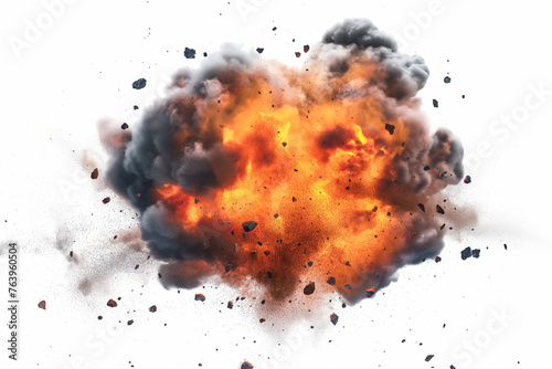 Bomb explosion with fire flames and smoke, isolated on white background