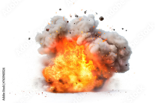 Bomb explosion with fire flames and smoke, isolated on white background