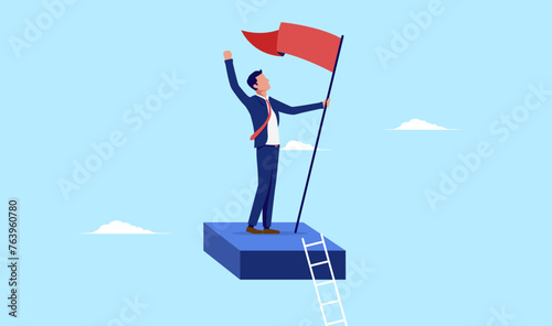 Businessman on top with flag - Male businessperson climbing career ladder and lever rising to the top achieving success. Business accomplishment concept in flat design vector illustration