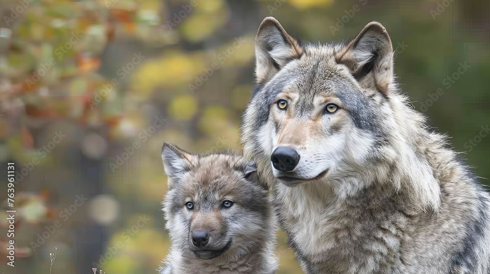 Obraz premium Male wolf and cub portrait, space for text, object on right side, ideal for search relevance