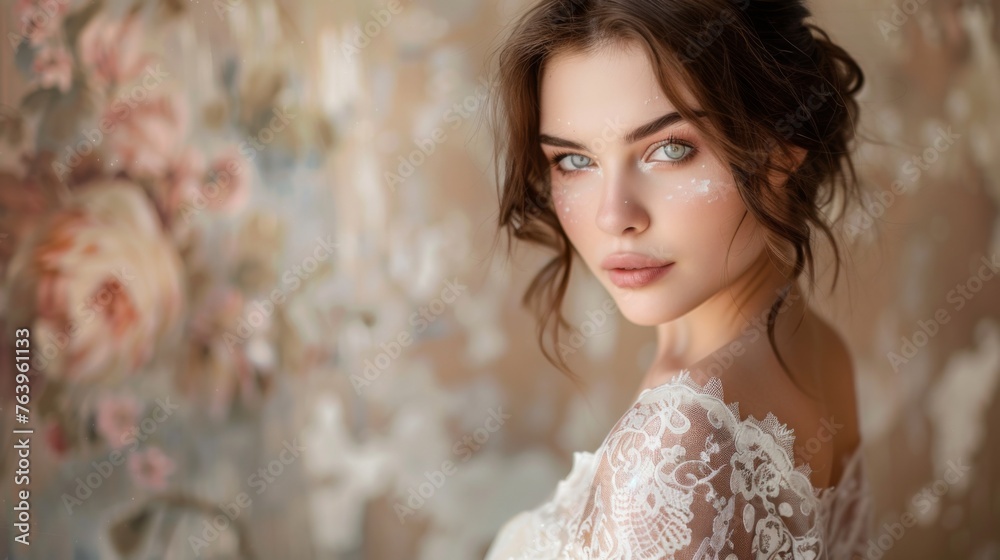 Beautiful young woman with delicate makeup in a lace dress posing against the background of a blurred room Beautiful young woman with delicate makeup in a lace dress posing against the background of a blurred room