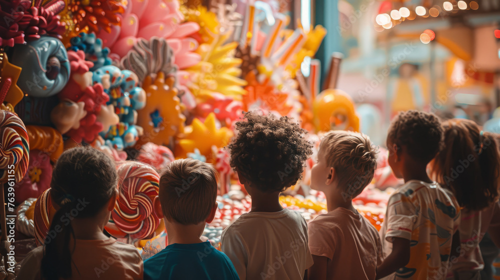 Children looking at candies at a store.