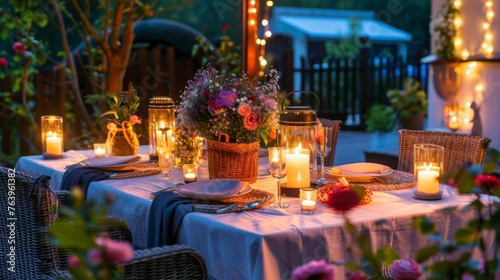 Open terrace with dining table and chairs, decorated with flowers and candles