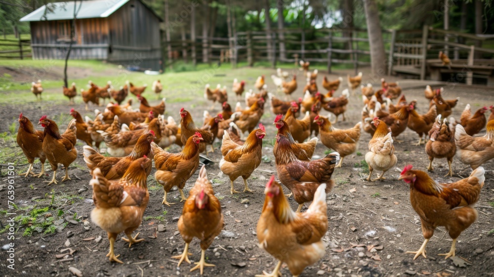 Fototapeta premium Large flock of chickens on a farm pecking the ground and moving freely